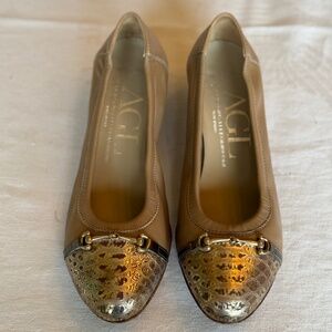 AGL gold metallic block heels nude stretch horsebit cap toe Size 39.5